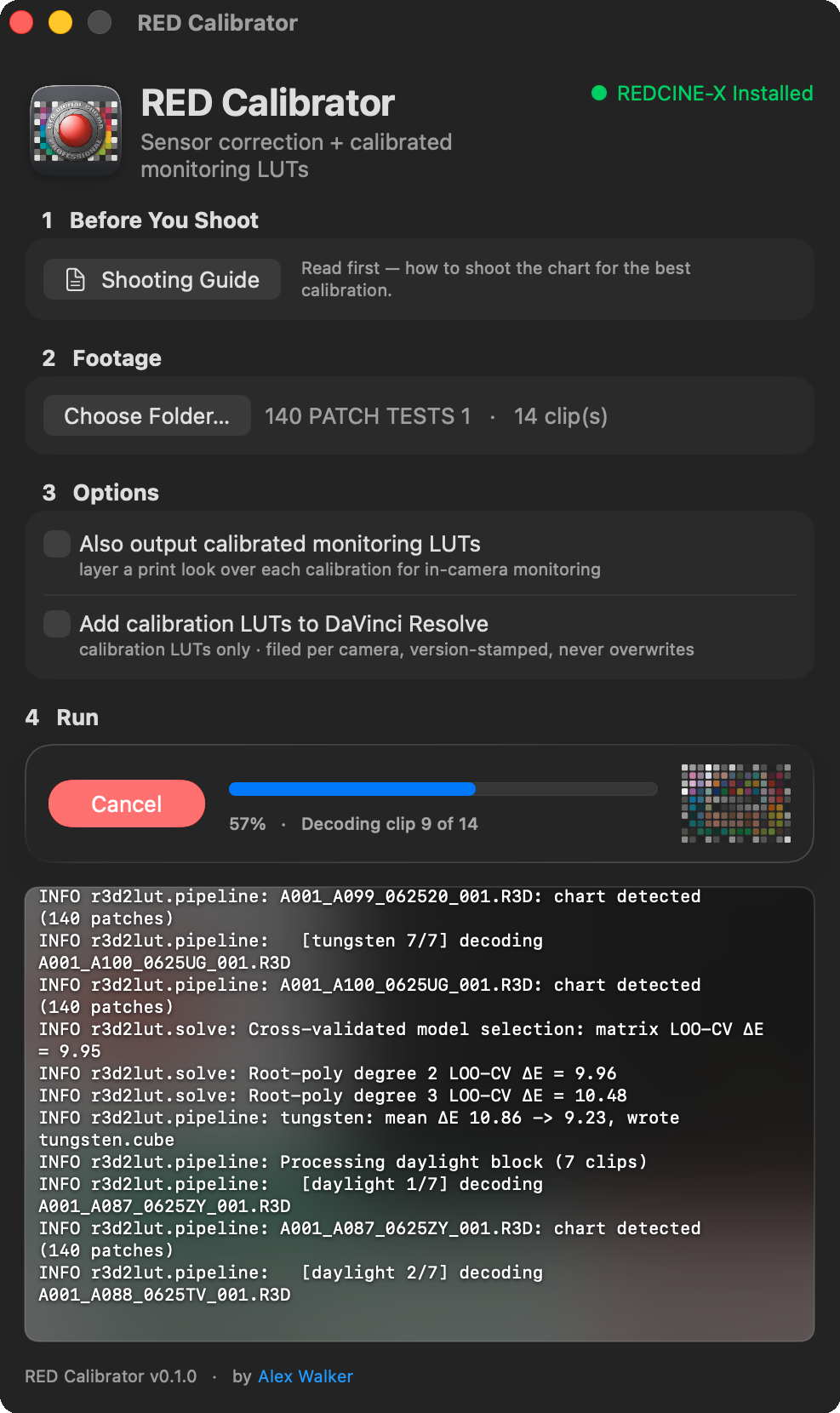 Camera Calibrator app window — calibrating a bracketed set of chart clips